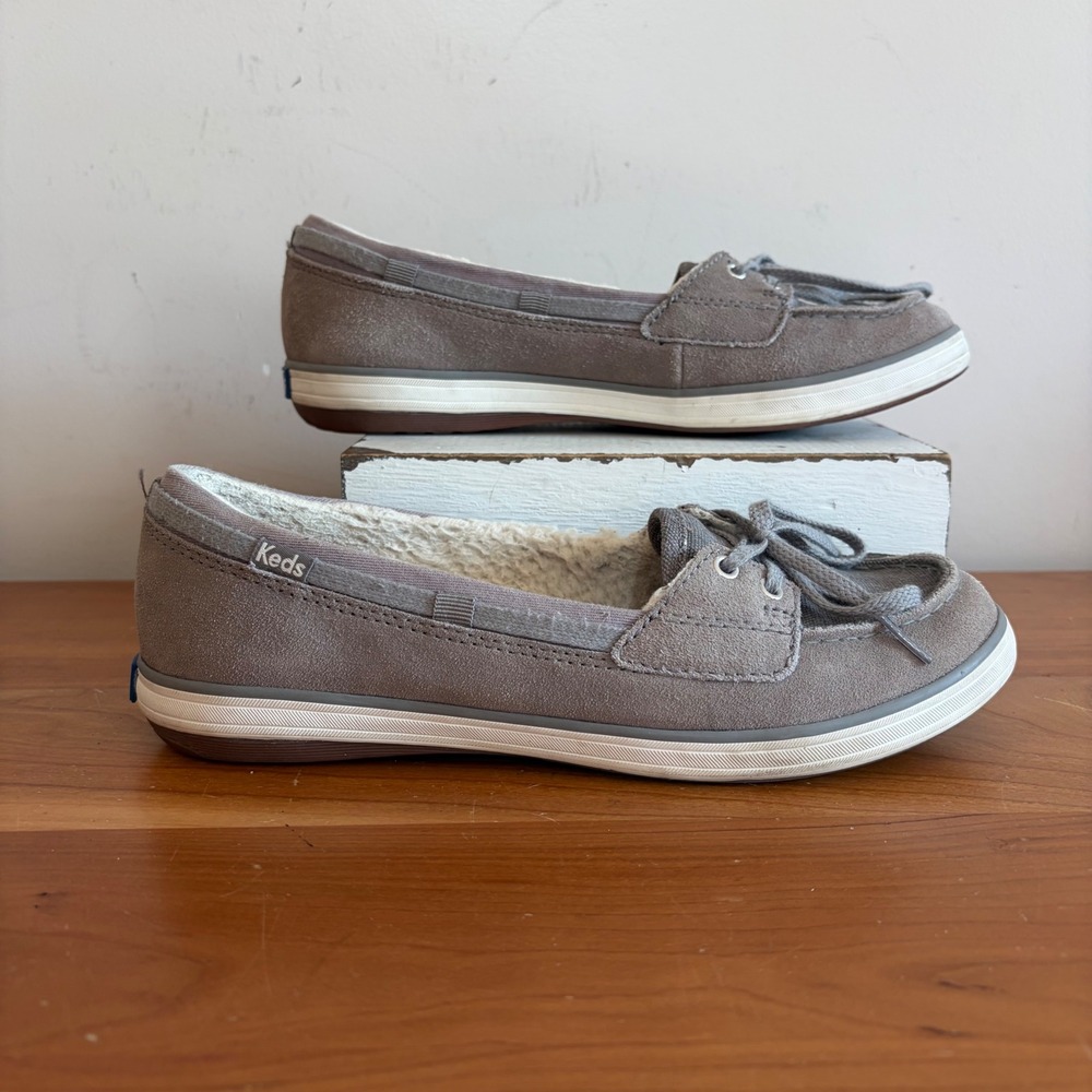 Keds Women Grey Suede Faux Fur Lined Boat Shoe Sneakers WH57280 Size 7